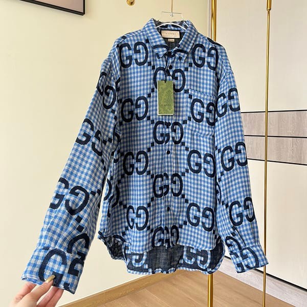 定番グッチ ジャンボGG n級品 チェック ウール シャツ ロゴ gup10199